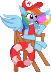 Size: 6088x8669 | Tagged: safe, artist:cyanlightning, imported from derpibooru, rainbow dash, pegasus, pony, absurd resolution, baseball cap, baywatch, beach ball, blowing whistle, blushing, cap, chair, clothes, commission, cute, dashabetes, ear fluff, eyes open, female, floaty, hat, inner tube, lifeguard, lifeguard dash, mare, mouth hold, puffy cheeks, rainblow dash, rainbow dashs coaching whistle, red cross, red face, shirt, simple background, sitting, solo, spread wings, swimming pool, swimsuit, that pony sure does love whistles, transparent background, whistle, whistle necklace, whistling, wings