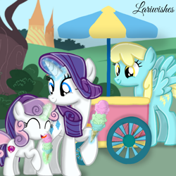 Size: 1000x1000 | Tagged: safe, artist:mlplary6, imported from derpibooru, rarity, sassaflash, sweetie belle, pegasus, pony, unicorn, belle sisters, cart, female, filly, foal, food, ice cream, levitation, magic, mare, siblings, sisters, smiling, spread wings, telekinesis, wings