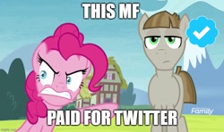 Size: 843x500 | Tagged: safe, edit, edited screencap, editor:icicle-wicicle-1517, imported from derpibooru, screencap, mudbriar, pinkie pie, earth pony, pony, the maud couple, angry, blue checkmark, caption, discovery family, discovery family logo, duo, female, gritted teeth, image macro, imgflip, logo, male, mare, meme, meta, pointing, ponified meme, raised hoof, stallion, teeth, text, twitter, verified