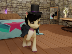 Size: 1440x1080 | Tagged: safe, artist:littleiceage, imported from derpibooru, oc, earth pony, pony, 3d, bed, cloak, clothes, g5, g5 oc, hat, mirror, monocle, show accurate, solo, top hat