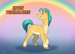 Size: 1400x1006 | Tagged: safe, artist:sunny way, imported from derpibooru, hitch trailblazer, earth pony, pony, cute, g5, male, nudity, rainbow, sheath, smiling, solo, stallion