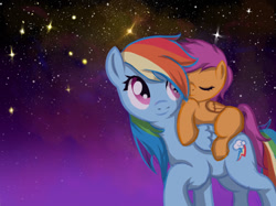 Size: 641x479 | Tagged: safe, artist:jesuka, imported from derpibooru, rainbow dash, scootaloo, pegasus, pony, backwards cutie mark, blank flank, cute, cutealoo, eyes closed, female, filly, foal, folded wings, mare, night, piggyback ride, ponies riding ponies, riding, scootaloo riding rainbow dash, scootalove, sleeping, starry night, stars, wings