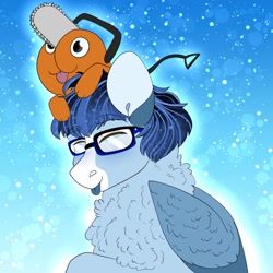 Size: 2000x2000 | Tagged: safe, artist:inisealga, imported from derpibooru, oc, oc:soaring spirit, pegasus, pony, :p, abstract background, accessory, anime, chainsaw, chainsaw man, chest fluff, coat markings, colored wings, duo, ear fluff, facial markings, glasses, gradient background, male, markings, multicolored hair, multicolored mane, multicolored wings, neck fluff, pegasus oc, pochita, stallion, tongue out, wing fluff, wings