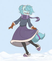 Size: 1640x1920 | Tagged: safe, artist:rexyseven, imported from derpibooru, oc, oc only, oc:whispy slippers, anthro, clothes, dress, eyes closed, glasses, gloves, scarf, skirt, slippers, snow, solo, striped scarf, sweater, tights