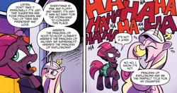 Size: 1334x705 | Tagged: source needed, useless source url, safe, artist:andypriceart, idw, imported from derpibooru, princess cadance, tempest shadow, alicorn, pony, unicorn, spoiler:comic, spoiler:comic67, armor, broken horn, cadance laughs at your misery, comic, cropped, dialogue, disgusted, duo, eye scar, facial scar, female, g4, hoof shoes, horn, implied flurry heart, laughing, mare, meme, official comic, pretty pretty tempest, raised hoof, scar, speech bubble, tempest's tale, tomboy, tongue out, villain has a point