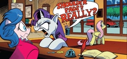 Size: 1334x617 | Tagged: safe, artist:andypriceart, idw, imported from derpibooru, fluttershy, rarity, earth pony, pegasus, pony, unicorn, spoiler:comic, spoiler:comic64, angry, bell, car, crime against fashion, dialogue, duo focus, faic, female, g4, inkwell, mare, quill, rarity is not amused, speech bubble, unamused, unnamed character, unnamed pony, yelling