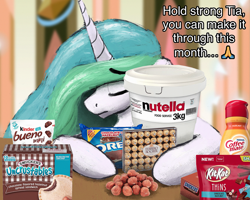 Size: 2323x1854 | Tagged: safe, artist:phutashi, imported from derpibooru, princess celestia, alicorn, pony, chocolate, coffee mate, comically missing the point, cookie, emoji, eyes closed, female, ferrero rocher, food, funny, kinder bueno, kit kat, mare, misunderstanding, no nut november, nut, nutella, oreo, pun, snacks, snickers, solo, text