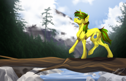 Size: 1044x671 | Tagged: safe, artist:lunciakkk, imported from derpibooru, oc, oc only, oc:macter, pony, unicorn, commission, forest, mountain, river, slim, solo, water, wood