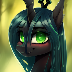 Size: 2048x2048 | Tagged: safe, derpibooru exclusive, editor:ramprover, imported from derpibooru, queen chrysalis, changeling, pony, ai content, ai generated, blushing, bust, cute, ear fluff, female, generator:purplesmart.ai, generator:stable diffusion, lidded eyes, looking at you, mare, smiling, solo