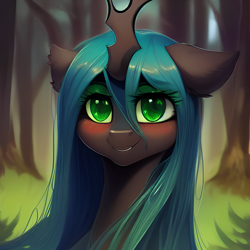 Size: 2048x2048 | Tagged: safe, derpibooru exclusive, editor:ramprover, imported from derpibooru, queen chrysalis, changeling, pony, ai content, ai generated, blushing, bust, cute, ear fluff, female, generator:purplesmart.ai, generator:stable diffusion, lidded eyes, looking at you, mare, smiling, solo