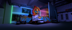 Size: 3840x1617 | Tagged: safe, artist:rekinek5-7, imported from derpibooru, oc, oc only, oc:flamy dream, anthro, bat pony, 3d, anthro oc, bat pony oc, bat wings, clothes, computer mouse, drawing tablet, energy drink, female, glasses, grayscale, keyboard, monitor, monochrome, monster energy, mousepad, room, solo, source filmmaker, stylus, wings