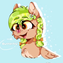 Size: 2048x2048 | Tagged: artist needed, safe, imported from derpibooru, oc, oc only, oc:sylvia evergreen, butterfly, pegasus, pony, braid, braided pigtails, bust, butterfly on nose, chest fluff, ear fluff, flower, flower in hair, freckles, hair tie, insect on nose, open mouth, pegasus oc, pigtails, solo, text, wings