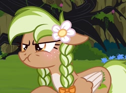 Size: 1460x1080 | Tagged: safe, artist:cstrawberrymilk, imported from derpibooru, oc, oc only, oc:sylvia evergreen, pegasus, pony, blushing, braid, braided pigtails, female, flower, flower in hair, forest background, freckles, grumpy, hair tie, mare, pegasus oc, pigtails, puffy cheeks, solo, wings