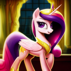 Size: 1024x1024 | Tagged: safe, editor:dovakkins, imported from derpibooru, princess cadance, alicorn, pony, ai content, ai generated, beautiful, curtains, cute, female, generator:novelai, generator:stable diffusion, jewelry, raised hoof, regalia, smiling, solo, window