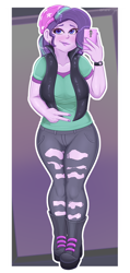 Size: 2000x4200 | Tagged: safe, artist:lazier_boi, artist:mrcakesboi, imported from derpibooru, starlight glimmer, human, equestria girls, beanie, blushing, breasts, busty starlight glimmer, cellphone, chubby, clothes, collarbone, cute, ear piercing, earring, female, glimmerbetes, hat, jewelry, lipstick, looking at you, makeup, peace sign, phone, piercing, selfie, shoes, smartphone, smiling, solo, torn clothes, watch, wristwatch