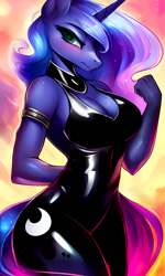 Size: 1536x2560 | Tagged: safe, imported from derpibooru, princess luna, alicorn, anthro, ai content, ai generated, breasts, busty princess luna, cleavage, clothes, eyelashes, female, generator:stable diffusion, horn, latex, latex dress, sexy, solo, stupid sexy princess luna, wingless, wingless alicorn