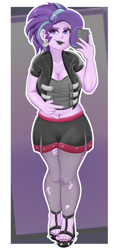 Size: 1800x3780 | Tagged: safe, alternate version, artist:lazier_boi, artist:mrcakesboi, imported from derpibooru, starlight glimmer, human, equestria girls, belly button, belly piercing, black lipstick, breasts, cellphone, chubby, cleavage, clothes, devil horn (gesture), ear piercing, earring, edgelight glimmer, eyeshadow, feet, female, goth, high heels, jacket, jewelry, leather, leather jacket, lipstick, makeup, midriff, nail polish, open-toed shoes, overweight, phone, piercing, ripped stockings, selfie, shoes, shorts, skull, smartphone, solo, stockings, thigh highs, toenail polish, toes, torn clothes