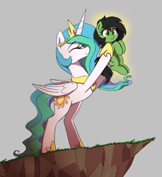 Size: 426x465 | Tagged: safe, artist:thebatfang, imported from derpibooru, princess celestia, oc, oc:filly anon, alicorn, earth pony, pony, aggie.io, circle of life, cropped, drawthread, duo, explicit source, eyes closed, eyes open, female, filly, foal, glow, gray background, holding a pony, mare, simple background, smiling, the lion king