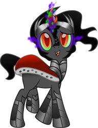 Size: 4790x6232 | Tagged: safe, artist:lincolnbrewsterfan, imported from derpibooru, king sombra, umbrum, unicorn, the crystal empire, .svg available, adorabolical, armor, black mane, black tail, boots, cape, chestplate, chibi, clothes, colored horn, curved horn, cute, cute face, cute little fangs, cute smile, dark magic, ethereal mane, ethereal tail, eye mist, fangs, glow, glowing horn, green sclera, horn, inkscape, looking at you, magic, male, movie accurate, red eyes, shoes, show moviefied, silver, simple background, slit pupils, smiling, smiling at you, smoke, solo, sombra eyes, sombra horn, sombradorable, stallion, svg, tail, the crystal empire 10th anniversary, transparent background, trotting, vector