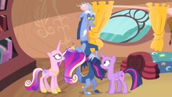 Size: 1280x720 | Tagged: safe, imported from derpibooru, screencap, discord, princess cadance, twilight sparkle, alicorn, draconequus, pony, three's a crowd, bald, bed, blue flu, book, crown, curtains, female, golden oaks library, hair, jewelry, male, mane, mare, regalia, trio, twilight sparkle (alicorn), window