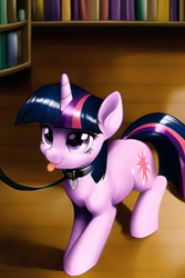 Size: 768x1152 | Tagged: safe, imported from twibooru, twilight sparkle, pony, unicorn, book, bookshelf, collar, female, grin, image, leash, library, machine learning generated, mare, novel ai, offscreen character, pet, pet play, pettwi, png, smiling, solo, standing, tongue out, unicorn twilight, wooden floor