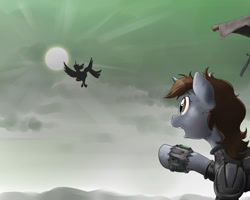 Size: 1280x1023 | Tagged: safe, artist:doomy, imported from derpibooru, oc, oc only, oc:littlepip, alicorn, pony, unicorn, fallout equestria, pipleg, pointing, raised hoof, silhouette, sun