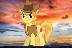 Size: 1920x1281 | Tagged: safe, artist:floppychiptunes, artist:jaredking779, imported from derpibooru, braeburn, earth pony, pony, clothes, giant pony, giant/macro earth pony, hat, highrise ponies, irl, macro, male, mega giant, mountain, mountain range, photo, ponies in real life, spain, stallion, vest