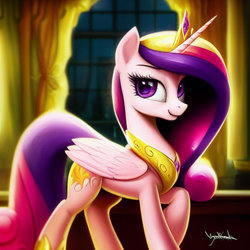 Size: 1024x1024 | Tagged: safe, editor:dovakkins, imported from derpibooru, princess cadance, alicorn, pony, beautiful, curtains, cute, female, jewelry, machine learning generated, purplesmart.ai, raised hoof, regalia, smiling, solo, stable diffusion, the crystal empire 10th anniversary, window