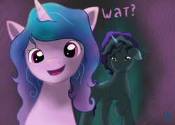 Size: 2800x2000 | Tagged: safe, artist:reinbou, imported from derpibooru, izzy moonbow, pony, unicorn, spoiler:my little pony: make your mark chapter 2, spoiler:myms01e06, behind you, cute, female, g4, g5, g5 to g4, generation leap, izzybetes, mare, misty brightdawn, my little pony: make your mark, my little pony: make your mark chapter 2, oblivious, ominous, open mouth, open smile, scene interpretation, shadow, smiling, text, the traditional unicorn sleep-over, when you see it