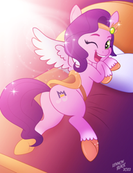 Size: 900x1171 | Tagged: safe, artist:lennonblack, imported from derpibooru, part of a set, pipp petals, pegasus, pony, bed, butt, female, g5, happy, mare, one eye closed, open mouth, open smile, pipp butt, plot, saddle, smiling, tack, wink