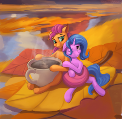Size: 2000x1959 | Tagged: safe, artist:foxpit, imported from derpibooru, izzy moonbow, sunny starscout, earth pony, pony, unicorn, calm, cup, duo, female, g5, happy, leaves, mare, miniature, one eye closed, relaxing, teacup, tiny, tiny ponies, water