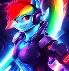 Size: 1492x1536 | Tagged: safe, imported from derpibooru, rainbow dash, anthro, pegasus, ai content, ai generated, breasts, busty rainbow dash, female, generator:purplesmart.ai, generator:stable diffusion, looking at you, neon, solo
