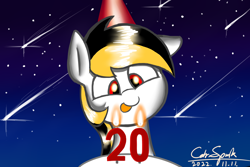 Size: 6000x4000 | Tagged: safe, artist:cdrspark, imported from derpibooru, oc, oc only, oc:spark apocalypse, pegasus, :p, birthday cake, cake, candle, female, food, hat, night, night sky, party hat, pegasus oc, shooting star, sky, solo, tongue out