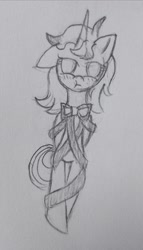 Size: 1291x2250 | Tagged: safe, artist:taoyvfei, imported from derpibooru, oc, oc only, oc:shallow light, pony, unicorn, :t, blushing, bondage, one ear down, pencil drawing, solo, traditional art, unhappy