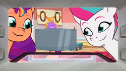 Size: 3072x1727 | Tagged: safe, imported from derpibooru, screencap, sunny starscout, zipp storm, earth pony, pegasus, pony, spoiler:g5, spoiler:my little pony: tell your tale, spoiler:tyts01e35, duo, duo female, female, g5, high res, mare, my little pony: tell your tale, oven, panic on harvest & hugs day, smiling, youtube link