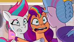 Size: 3072x1727 | Tagged: safe, imported from derpibooru, screencap, queen haven, sunny starscout, zipp storm, earth pony, pegasus, pony, spoiler:g5, spoiler:my little pony: tell your tale, spoiler:tyts01e35, female, g5, high res, mare, my little pony: tell your tale, nervous sweat, open mouth, oven, panic on harvest & hugs day, trio, trio female, youtube link