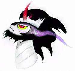 Size: 3059x2883 | Tagged: safe, artist:count oxymagomedov sear, imported from derpibooru, king sombra, pony, unicorn, beard, bust, facial hair, glowing, glowing eyes, horn, male, simple background, solo, stallion, the crystal empire 10th anniversary, traditional art, white background
