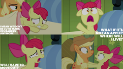 Size: 4400x2475 | Tagged: safe, edit, edited screencap, editor:quoterific, imported from derpibooru, screencap, apple bloom, applejack, earth pony, pony, bloom and gloom, season 5, apple bloom's bow, apple sisters, applejack's hat, blanket, bow, cowboy hat, duo, duo female, female, filly, foal, freckles, frown, hair bow, hat, implied scootaloo, implied sweetie belle, mare, nervous, open mouth, panicking, scared, siblings, sisters, tucking in, worried