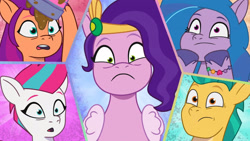 Size: 3072x1727 | Tagged: safe, imported from derpibooru, screencap, hitch trailblazer, izzy moonbow, pipp petals, sunny starscout, zipp storm, earth pony, pegasus, pony, unicorn, spoiler:g5, spoiler:my little pony: tell your tale, spoiler:tyts01e35, female, frown, g5, high res, male, mane five (g5), mare, mud, my little pony: tell your tale, open mouth, panic on harvest & hugs day, pinpoint eyes, reaction image, stallion, youtube link