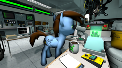 Size: 3840x2160 | Tagged: safe, artist:pipcryt, imported from derpibooru, oc, oc:pipcryt, pegasus, robot, 3d, crystal, cryt-tec, cryton, glados, laboratory, laser, mug, notepad, pegasus oc, portal, portal (valve), research, source filmmaker