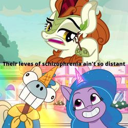 Size: 1564x1564 | Tagged: safe, edit, edited screencap, imported from derpibooru, screencap, autumn blaze, izzy moonbow, kirin, pony, unicorn, sounds of silence, spoiler:g5, spoiler:my little pony: tell your tale, spoiler:tyts01e09, autumn blaze's puppet, g4, g5, it's t.u.e.s. day, my little pony: tell your tale, señor butterscotch