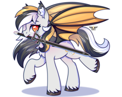 Size: 3000x2398 | Tagged: safe, artist:fluffywhirlpool, imported from derpibooru, oc, oc only, oc:storm cloud river's, bat pony, pony, bat pony oc, bat wings, chest fluff, colored wings, ear fluff, female, freckles, full body, looking away, mare, mouth hold, multicolored mane, multicolored tail, redraw, simple background, solo, spread wings, sword, tail, two toned wings, weapon, white background, wings