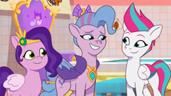 Size: 3072x1727 | Tagged: safe, imported from derpibooru, screencap, pipp petals, queen haven, zipp storm, pegasus, pony, spoiler:g5, spoiler:my little pony: tell your tale, spoiler:tyts01e35, female, g5, grin, high res, mare, my little pony: tell your tale, panic on harvest & hugs day, royal sisters (g5), siblings, sisters, smiling, trio, trio female, youtube link