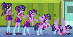 Size: 2249x1140 | Tagged: safe, artist:anonymous, imported from derpibooru, sci-twi, twilight sparkle, alicorn, human, pony, equestria girls, canterlot high, clothes, equestria girls ponified, eyes closed, female, glasses, gritted teeth, human to pony, lockers, open mouth, ponified, sci-twi outfits, scitwilicorn, show accurate, socks, solo, spread wings, stocking feet, teeth, torn clothes, transformation, transformation sequence, twilight sparkle (alicorn), wings