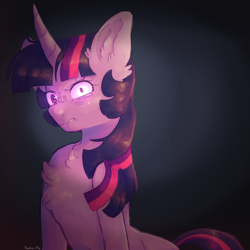 Size: 1000x1000 | Tagged: safe, artist:ponka-pie, derpibooru exclusive, imported from derpibooru, twilight sparkle, pony, unicorn, angry, chest fluff, dark background, ear fluff, female, glare, looking at you, mismatched eyes, painting, sharp teeth, solo, teeth, unicorn twilight