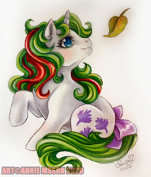 Size: 800x937 | Tagged: safe, artist:anniemsson, imported from derpibooru, baby gusty, pony, unicorn, female, filly, foal, g1, leaf