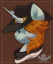 Size: 2000x2400 | Tagged: safe, artist:skyboundsiren, imported from derpibooru, oc, unicorn, bullet, bust, clothes, commission, cowboy, cowboy hat, hat, headshot commission, looking at you, male, portrait, scar, scarf, serious, serious face, simple background, stallion