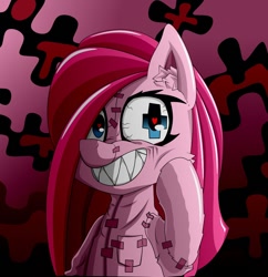 Size: 918x948 | Tagged: artist needed, source needed, safe, imported from derpibooru, pinkie pie, earth pony, pony, ear fluff, gleipnir, grin, heart, heart eyes, pinkamena diane pie, ponysuit, sharp teeth, smiling, solo, teeth, wingding eyes