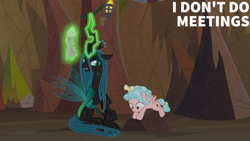 Size: 1280x720 | Tagged: safe, edit, edited screencap, editor:quoterific, imported from derpibooru, screencap, cozy glow, queen chrysalis, changeling, changeling queen, pegasus, pony, frenemies (episode), duo, duo female, female, filly, foal, frown, magic, open mouth, queen chrysalis is not amused, telekinesis, twilog, unamused