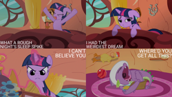 Size: 4400x2475 | Tagged: safe, edit, edited screencap, editor:quoterific, imported from derpibooru, screencap, spike, twilight sparkle, dragon, pony, unicorn, season 2, secret of my excess, bed, duo, floppy ears, golden oaks library, rubber chicken, unicorn twilight